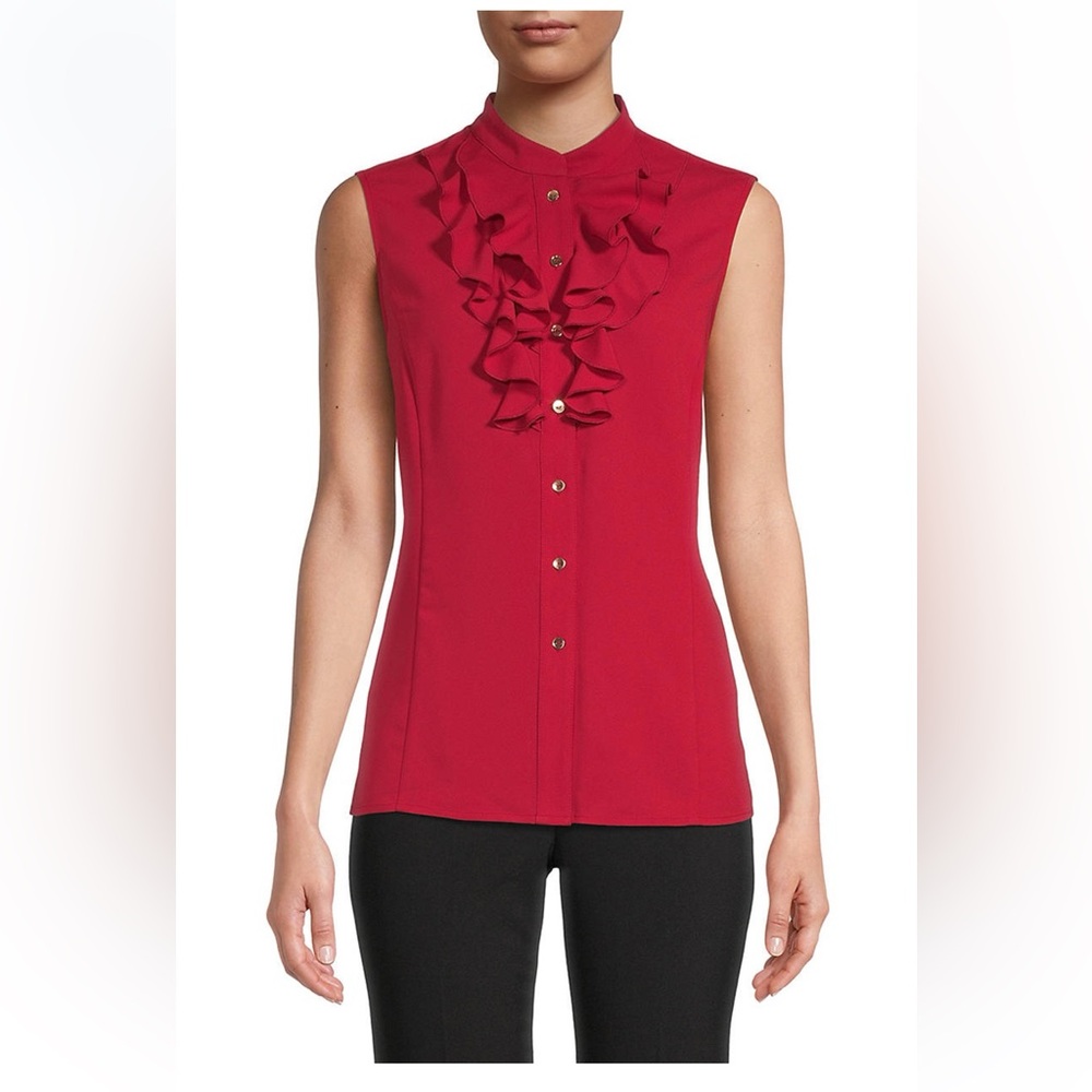 Kasper Red Ruffle Front Blouse